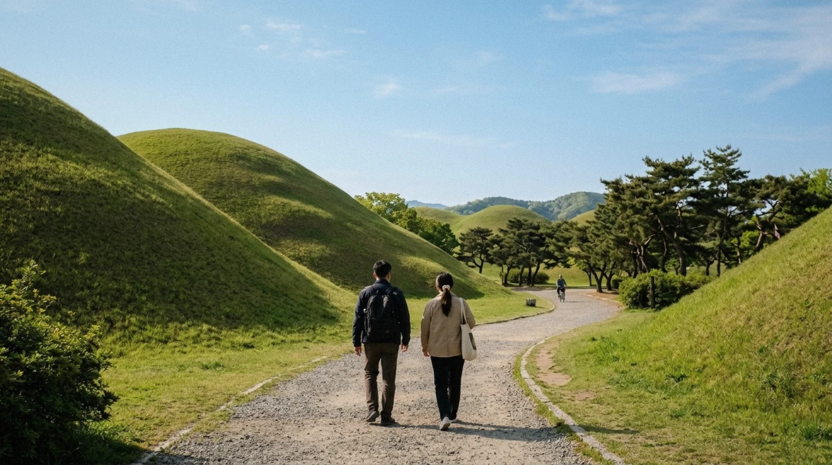 A visitor pausing among the grass-covered royal tombs on a quiet morning, weighing whether a gyeongju city tour is worth visiting in South Korea