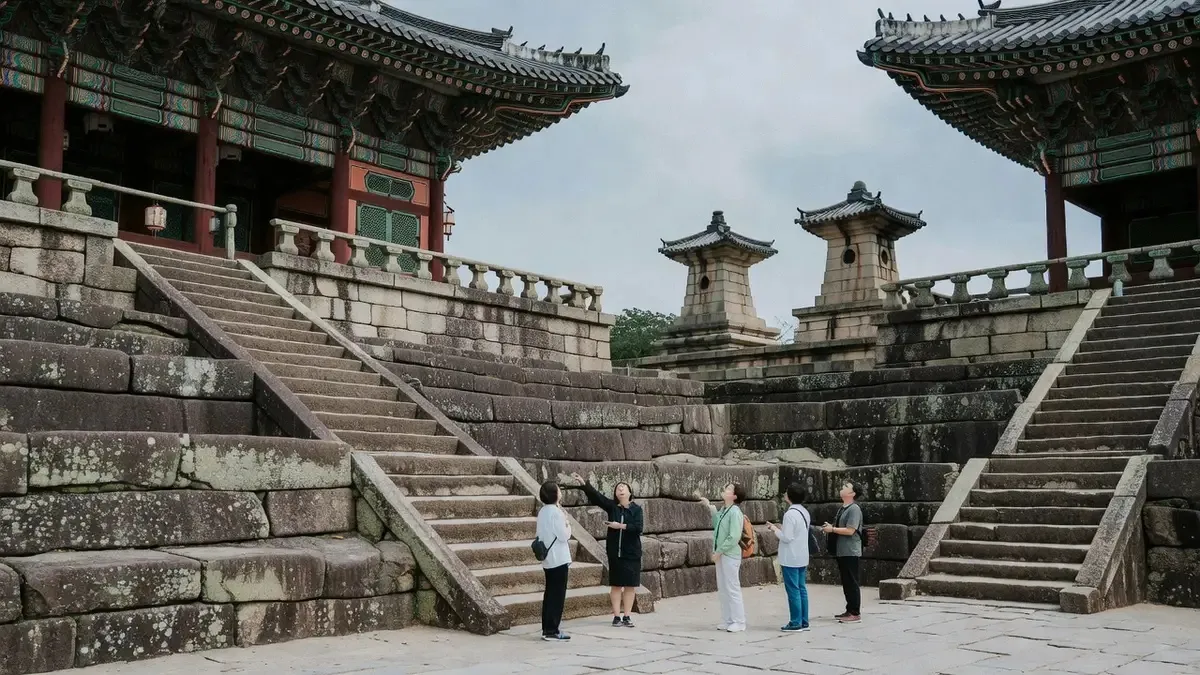 Stone terraces and twin pagodas of Bulguksa Temple seen on a gyeongju city tour in Gyeongju, South Korea