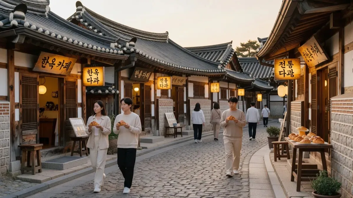 Trendy hanok cafés along Hwangnidan-gil at golden hour on a gyeongju city tour in Gyeongju, South Korea